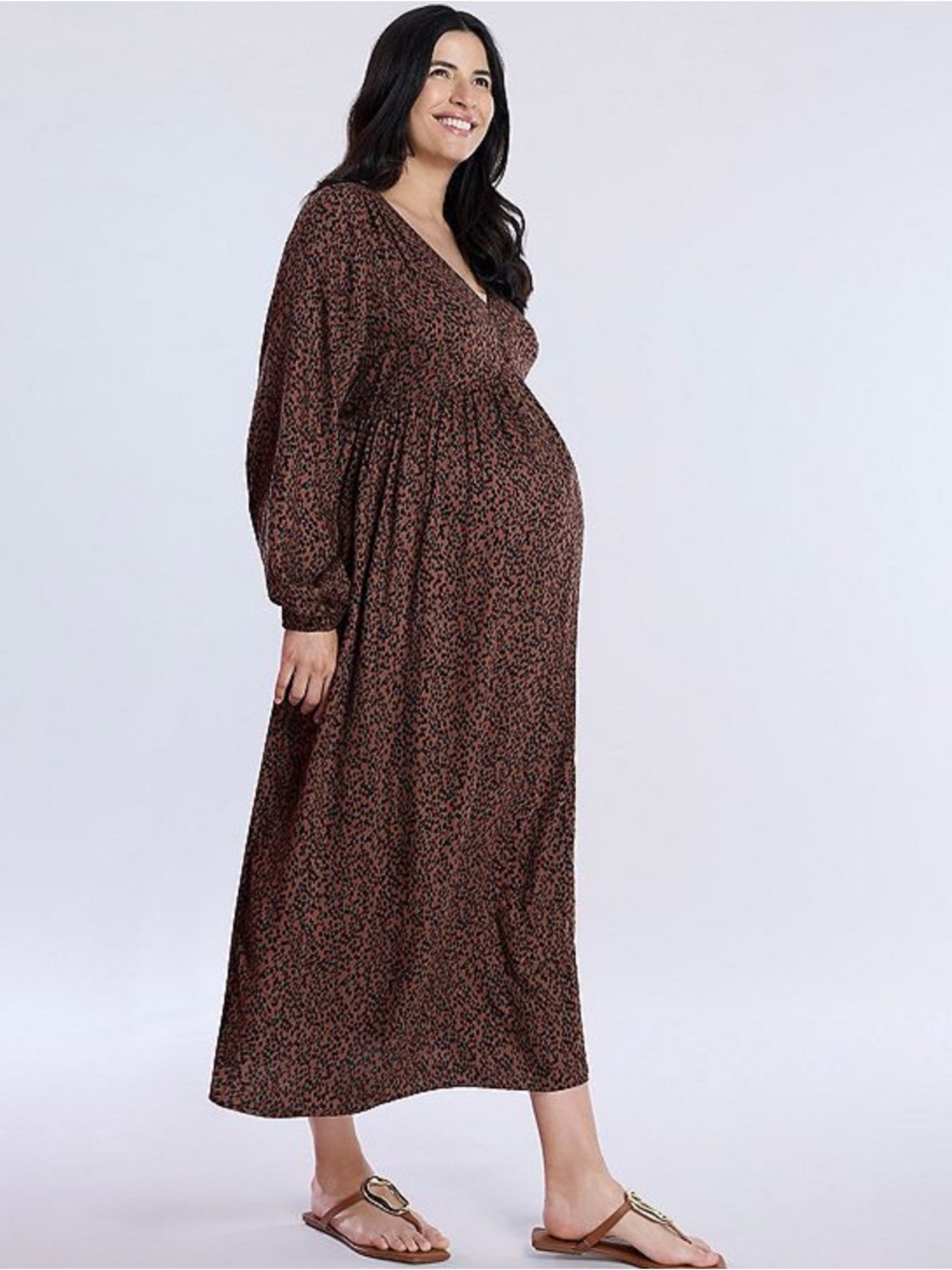 Brown Maternity Maxi Dress - V-Neck Long Sleeve Black Brown Wedding Guest Formal